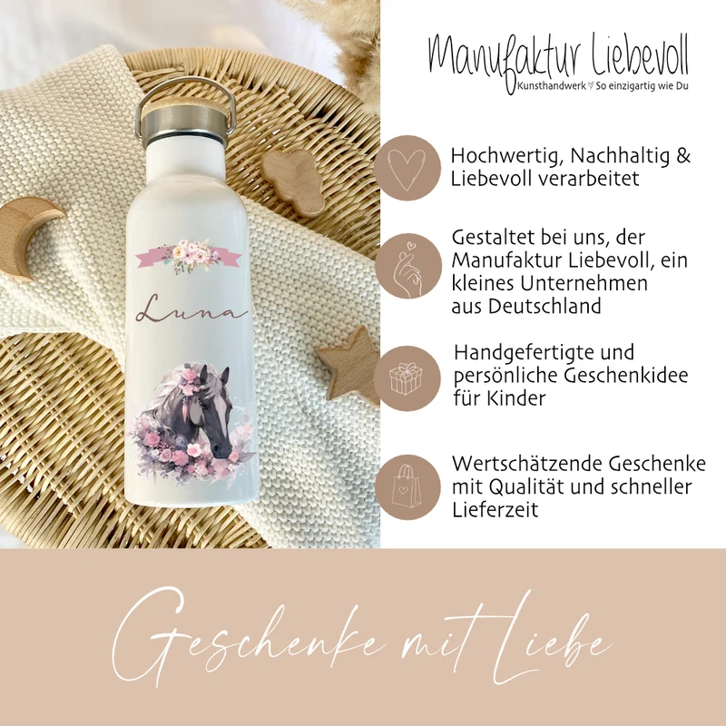 Trinkflasche "Pferd" für Kinder mit Namen personalisiert | Thermosflasche aus Edelstahl mit Bambusdeckel für Mädchen Teenager | 500ml