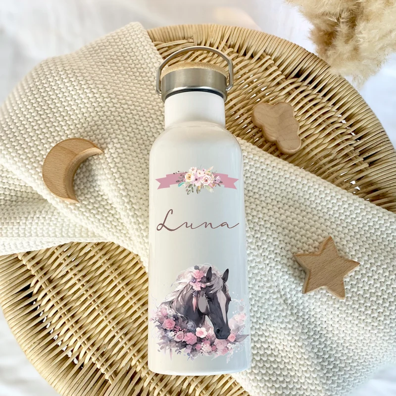 Trinkflasche "Pferd" für Kinder mit Namen personalisiert | Thermosflasche aus Edelstahl mit Bambusdeckel für Mädchen Teenager | 500ml