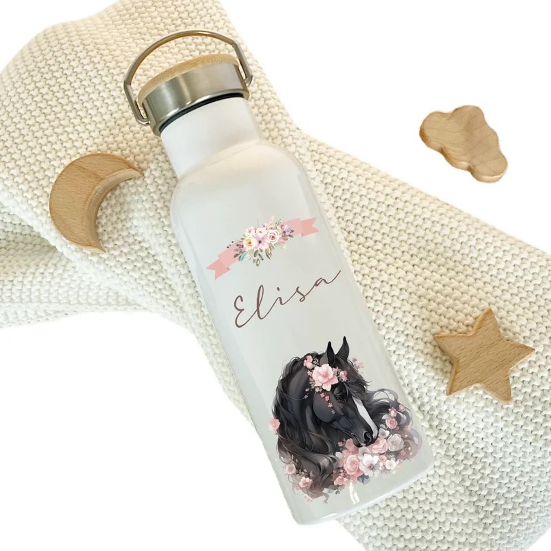 Personalisierte Trinkflasche "Pony" für Kinder mit Namen | Weiße Pferde Thermosflasche aus Edelstahl mit Bambusdeckel für Mädchen Teenager | 500ml