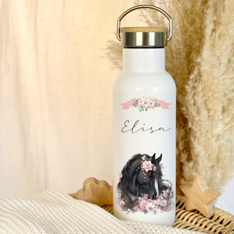 Personalisierte Trinkflasche "Pony" für Kinder mit Namen | Weiße Pferde Thermosflasche aus Edelstahl mit Bambusdeckel für Mädchen Teenager | 500ml