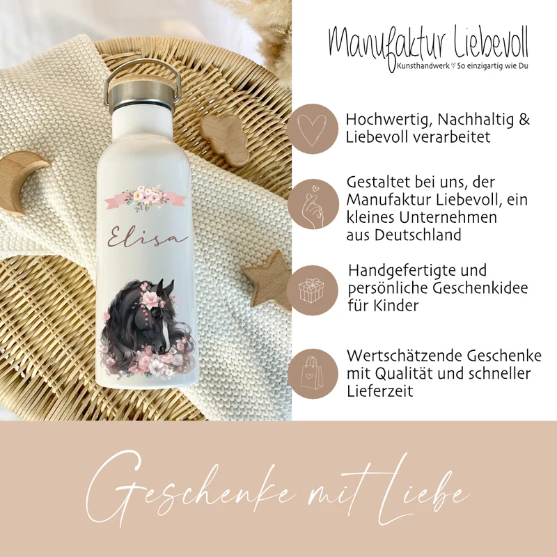 Personalisierte Trinkflasche "Pony" für Kinder mit Namen | Weiße Pferde Thermosflasche aus Edelstahl mit Bambusdeckel für Mädchen Teenager | 500ml