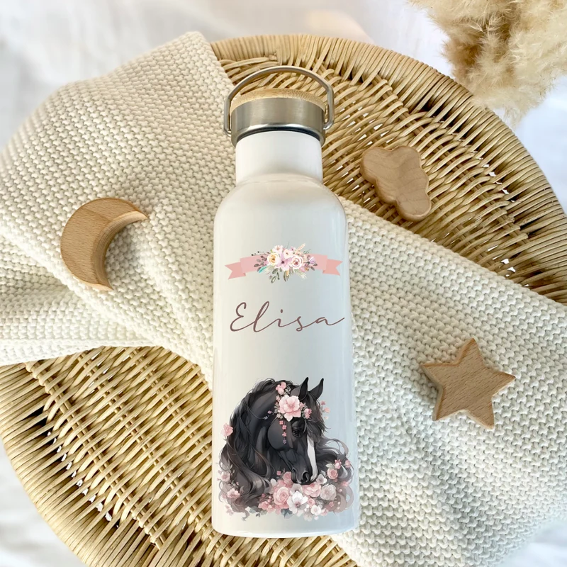 Personalisierte Trinkflasche "Pony" für Kinder mit Namen | Weiße Pferde Thermosflasche aus Edelstahl mit Bambusdeckel für Mädchen Teenager | 500ml