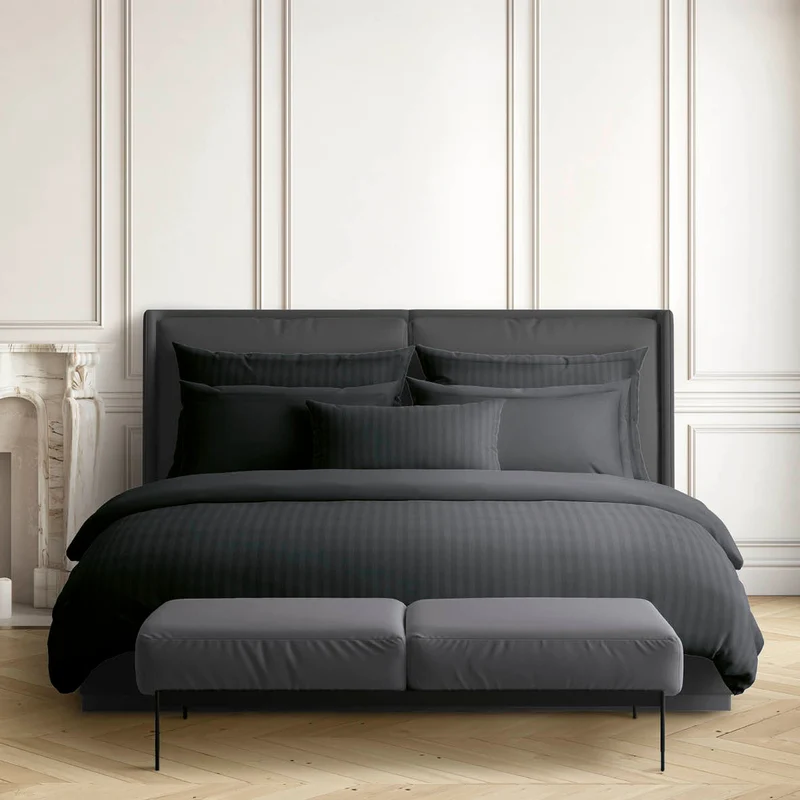 Drap plat satin de coton rayure tissé dobby - Noir