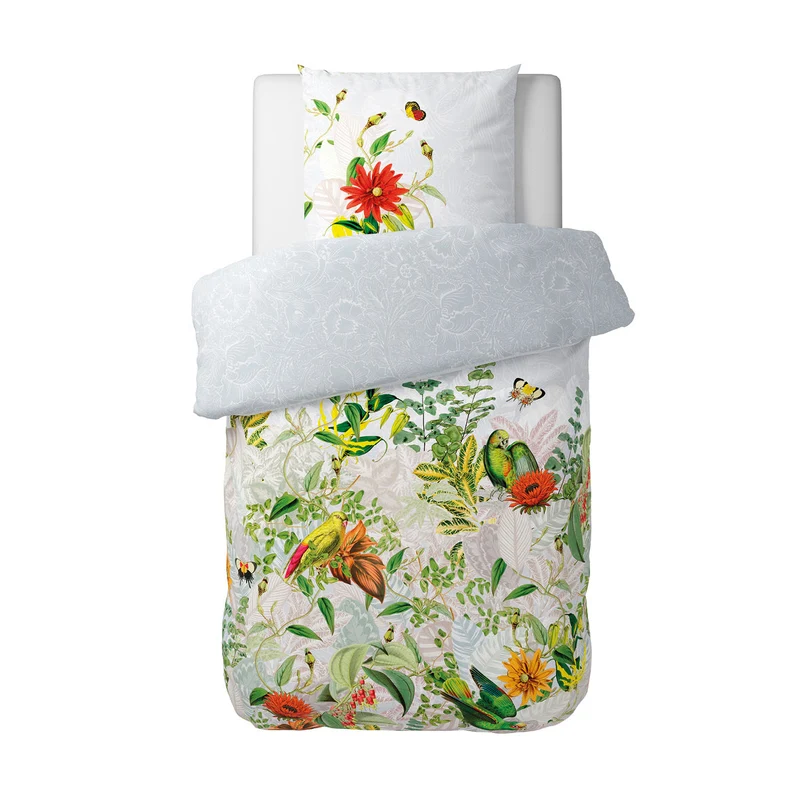 Housse de couette + taie(s) d'oreiller satin de coton - Jardin d'hiver gris perle