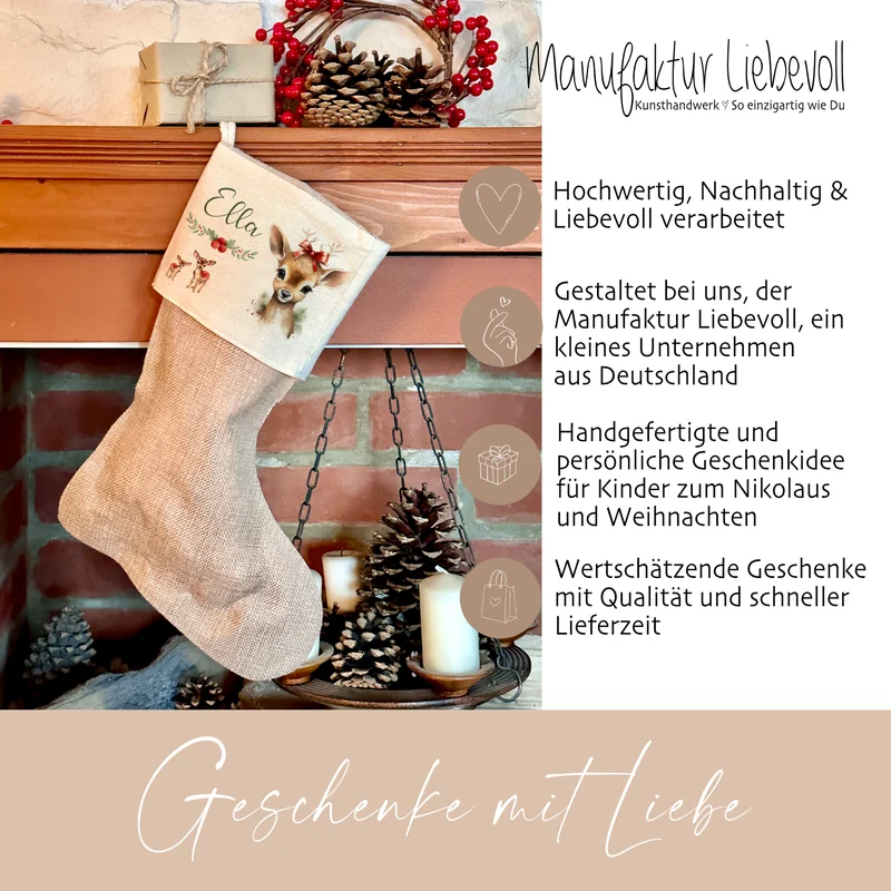 Weihnachtsstrumpf Rehkitz für Mädchen u. Teenager mit Namen zum Nikolaus und Weihnachten personalisiertert | Nikolausstrumpf Geschenkidee für Kinder I 7 Motivvarianten zur Auswahl