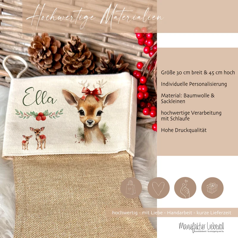 Weihnachtsstrumpf Rehkitz für Mädchen u. Teenager mit Namen zum Nikolaus und Weihnachten personalisiertert | Nikolausstrumpf Geschenkidee für Kinder I 7 Motivvarianten zur Auswahl