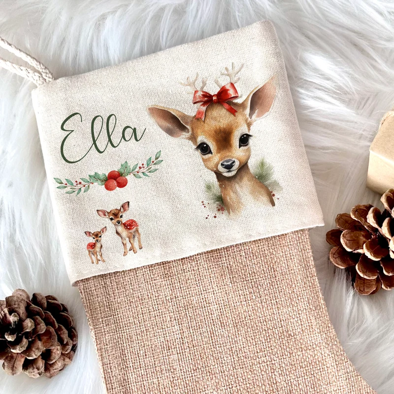 Weihnachtsstrumpf Rehkitz für Mädchen u. Teenager mit Namen zum Nikolaus und Weihnachten personalisiertert | Nikolausstrumpf Geschenkidee für Kinder I 7 Motivvarianten zur Auswahl