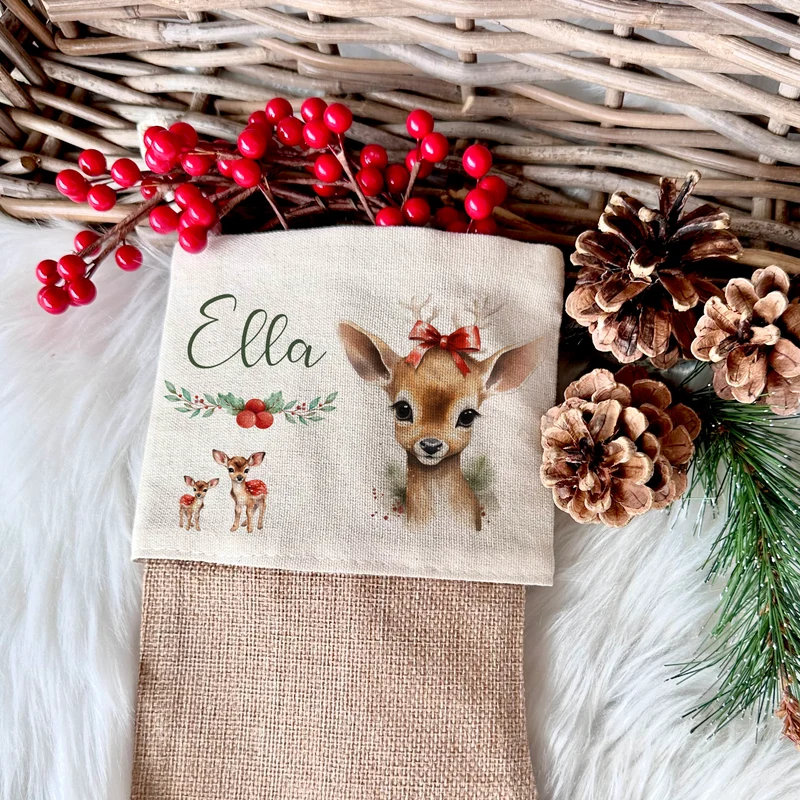 Weihnachtsstrumpf Rehkitz für Mädchen u. Teenager mit Namen zum Nikolaus und Weihnachten personalisiertert | Nikolausstrumpf Geschenkidee für Kinder I 7 Motivvarianten zur Auswahl
