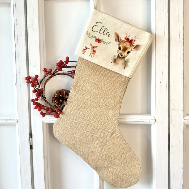 Weihnachtsstrumpf Rehkitz für Mädchen u. Teenager mit Namen zum Nikolaus und Weihnachten personalisiertert | Nikolausstrumpf Geschenkidee für Kinder I 7 Motivvarianten zur Auswahl