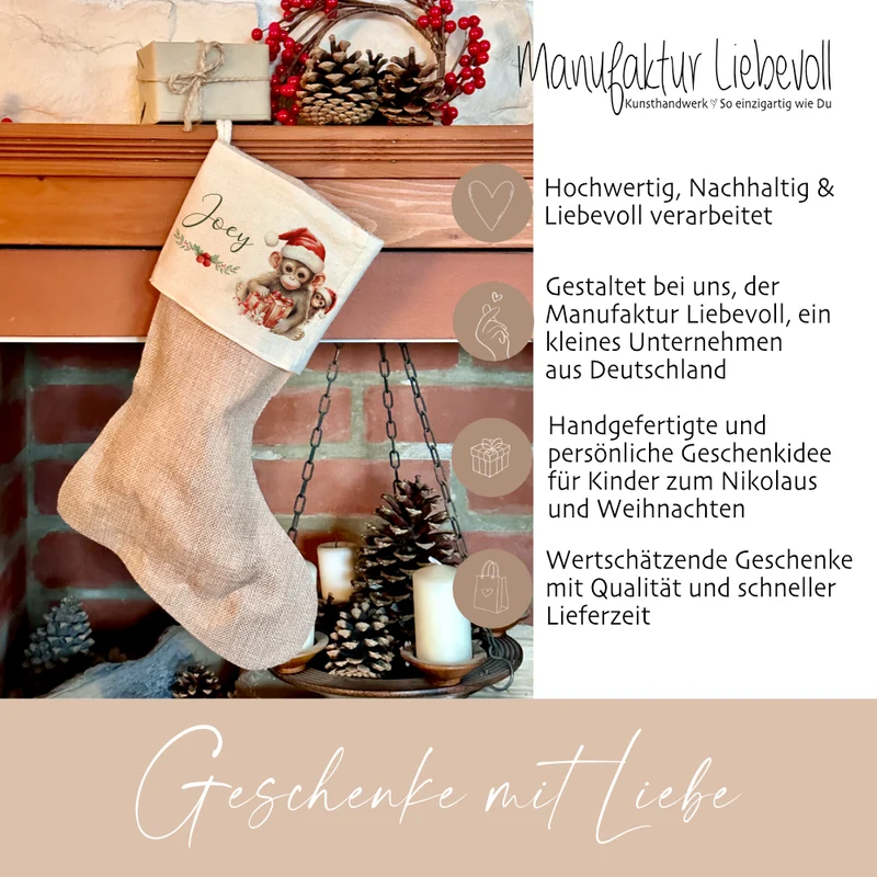 Personalisierter Weihnachtsstrumpf Äffchen für Mädchen u. Jungen mit Namen zum Nikolaus und Weihnachten | Nikolausstrumpf Geschenkidee für Kinder I 7 Motivvarianten zur Auswahl