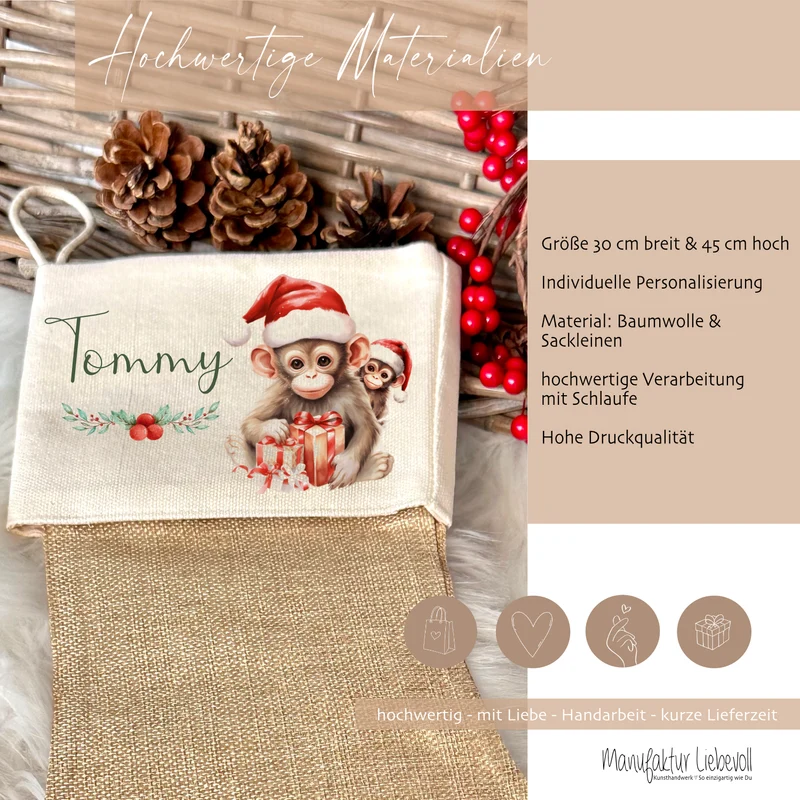 Personalisierter Weihnachtsstrumpf Äffchen für Mädchen u. Jungen mit Namen zum Nikolaus und Weihnachten | Nikolausstrumpf Geschenkidee für Kinder I 7 Motivvarianten zur Auswahl