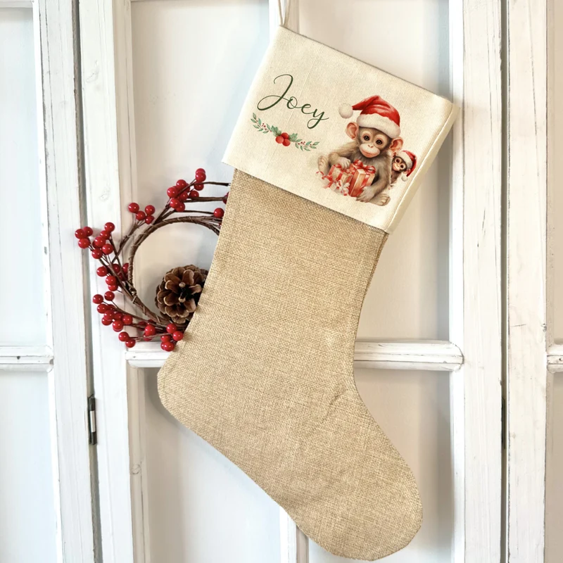 Personalisierter Weihnachtsstrumpf Äffchen für Mädchen u. Jungen mit Namen zum Nikolaus und Weihnachten | Nikolausstrumpf Geschenkidee für Kinder I 7 Motivvarianten zur Auswahl