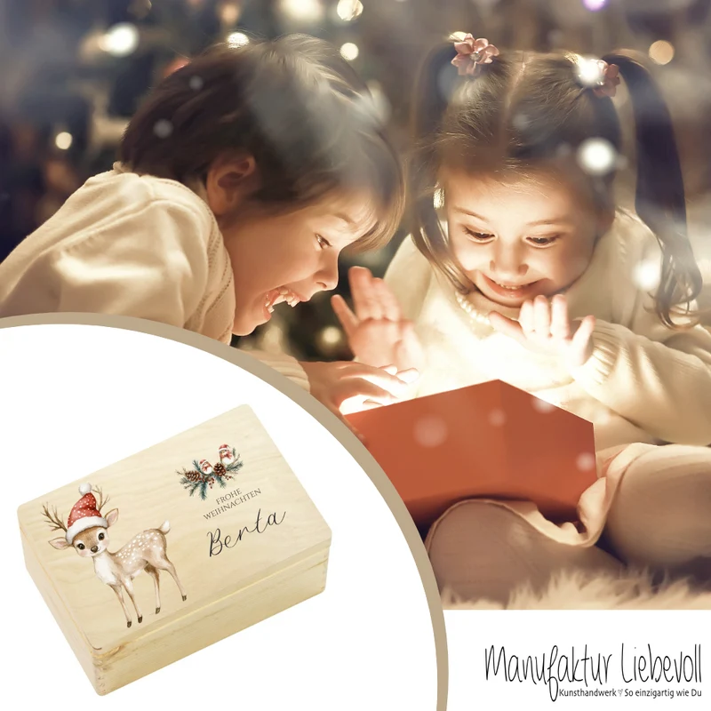 Weihnachten Holzbox Personalisiert Reh Holzbox Geschenk Frohe Weihnachten Personalisierte Heiligabend Box für Kinder Rehkitz Weihnachtsbox