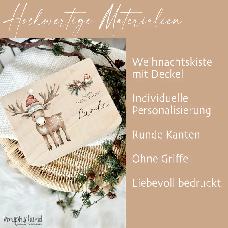 Personalisiert Weihnachten Holzbox Elch Holzbox Geschenk Frohe Weihnachten Personalisierte Heiligabend Box für Kinder Elch Weihnachtsbox