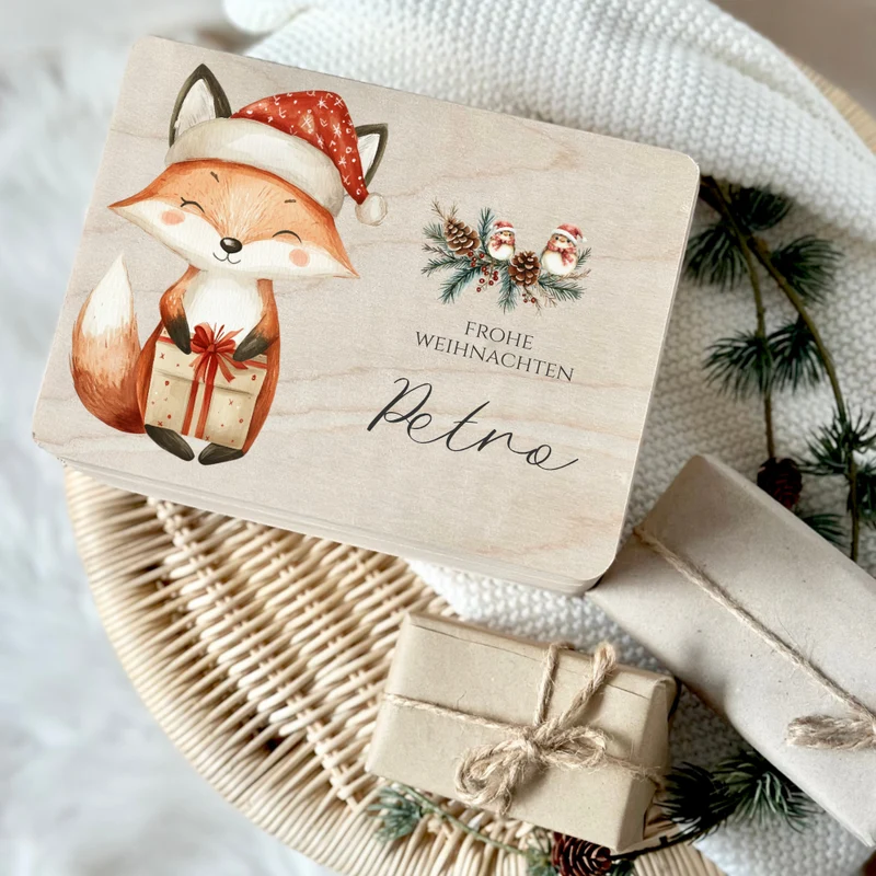Holzbox Personalisiert Weihnachten Fuchs Geschenkbox Frohe Weihnachten Personalisierte Heiligabend für Kinder Fuchs Weihnachtsbox Holzkiste