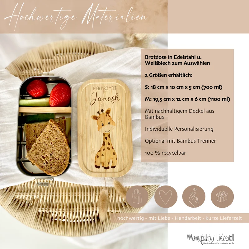 Brotdose "Giraffe" wählbar in Edelstahl mit Bambusdeckel und Namen für Kinder | Lunchbox "Safari" | Personalisiertes Geschenk für Kinder