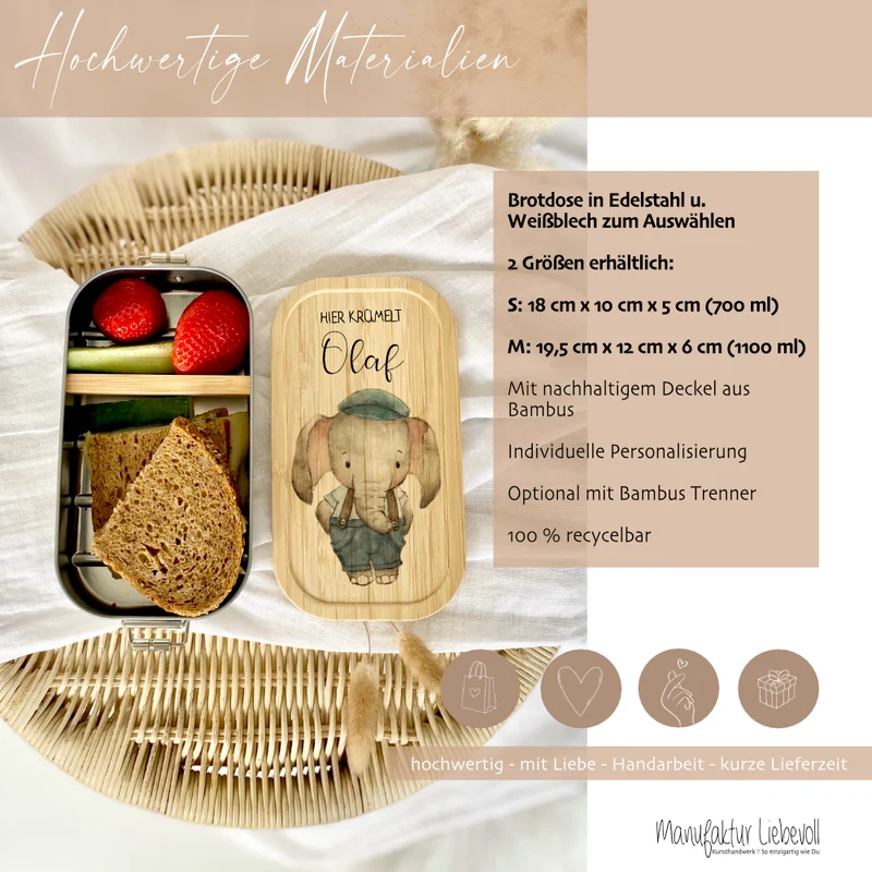 Brotdose "Niedlicher Elefant" wählbar in Edelstahl mit Bambusdeckel und Namen für Kinder | Lunchbox "Tiermotiv" | Personalisiertes Geschenk für Kinder