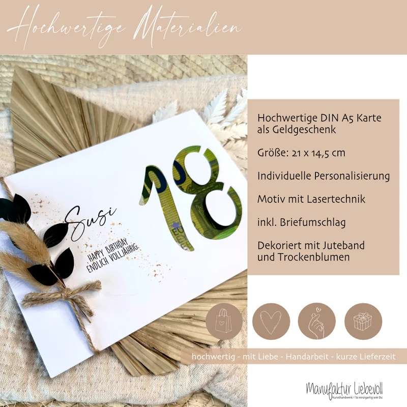 Geldgeschenk Karte zum 18. Geburtstag I persönliche Glückwunschkarte I Personalisiertes Geburtstagsgeschenk I Geld verschenken
