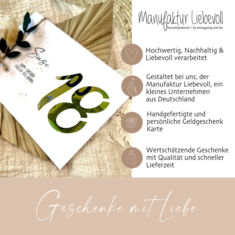 Geldgeschenk Karte zum 18. Geburtstag I persönliche Glückwunschkarte I Personalisiertes Geburtstagsgeschenk I Geld verschenken