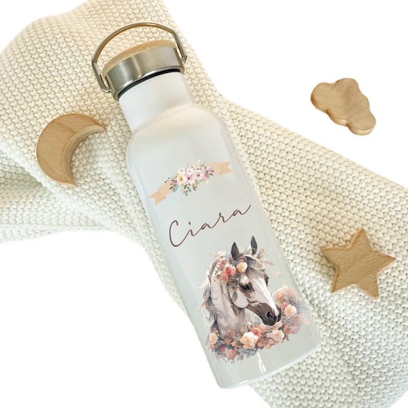 Personalisierte Trinkflasche "Pferd" für Kinder mit Namen | Weiße Thermosflasche aus Edelstahl mit Bambusdeckel für Mädchen Teenager | 500ml