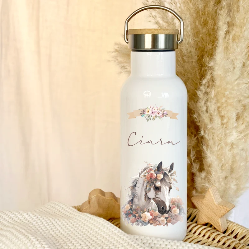 Personalisierte Trinkflasche "Pferd" für Kinder mit Namen | Weiße Thermosflasche aus Edelstahl mit Bambusdeckel für Mädchen Teenager | 500ml