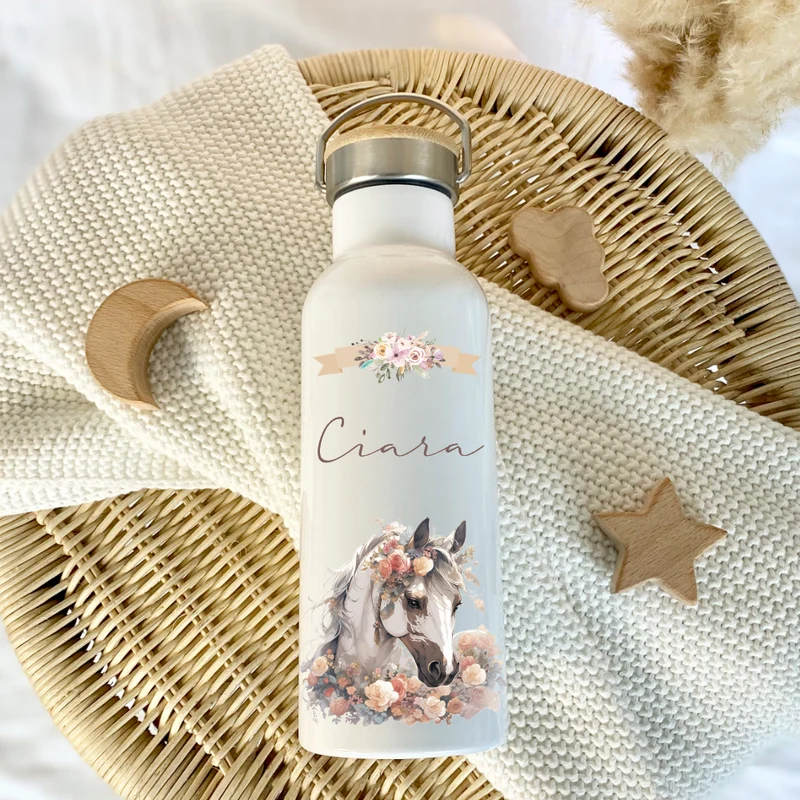 Personalisierte Trinkflasche "Pferd" für Kinder mit Namen | Weiße Thermosflasche aus Edelstahl mit Bambusdeckel für Mädchen Teenager | 500ml