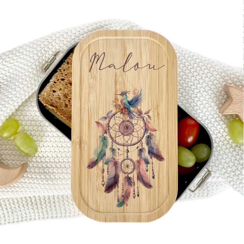 Brotdose "Traumfänger" wählbar in Edelstahl mit Bambusdeckel und Namen für Mädchen | vintage Brotbox | Personalisiertes Geschenk für Kinder