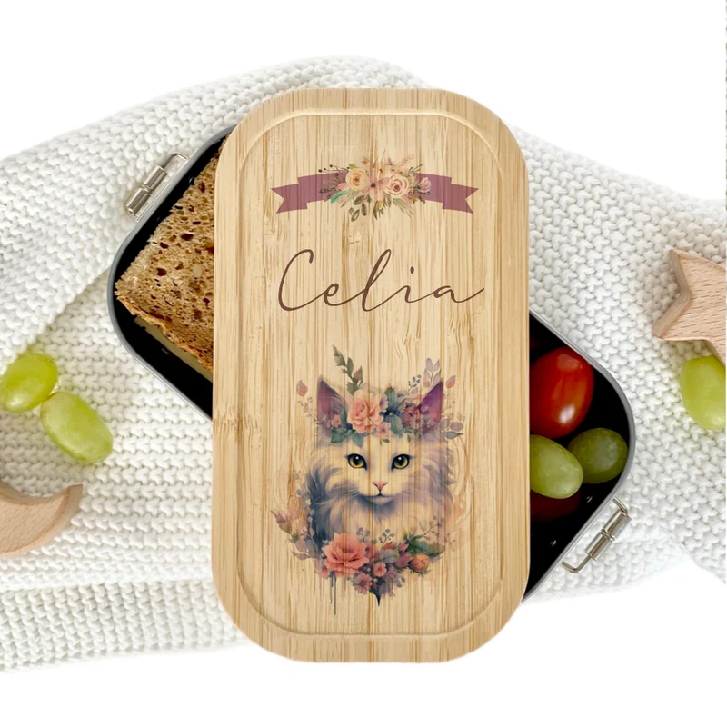 Brotdose "Katze" wählbar in Edelstahl mit Bambusdeckel und Namen für Mädchen | vintage Brotbox | Personalisiertes Geschenk für Kinder