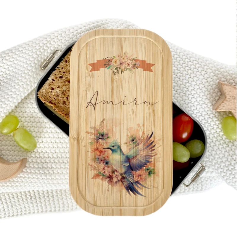 Brotdose "Vogel" wählbar in Edelstahl mit Bambusdeckel und Namen für Mädchen | vintage Brotbox | Personalisiertes Geschenk für Kinder