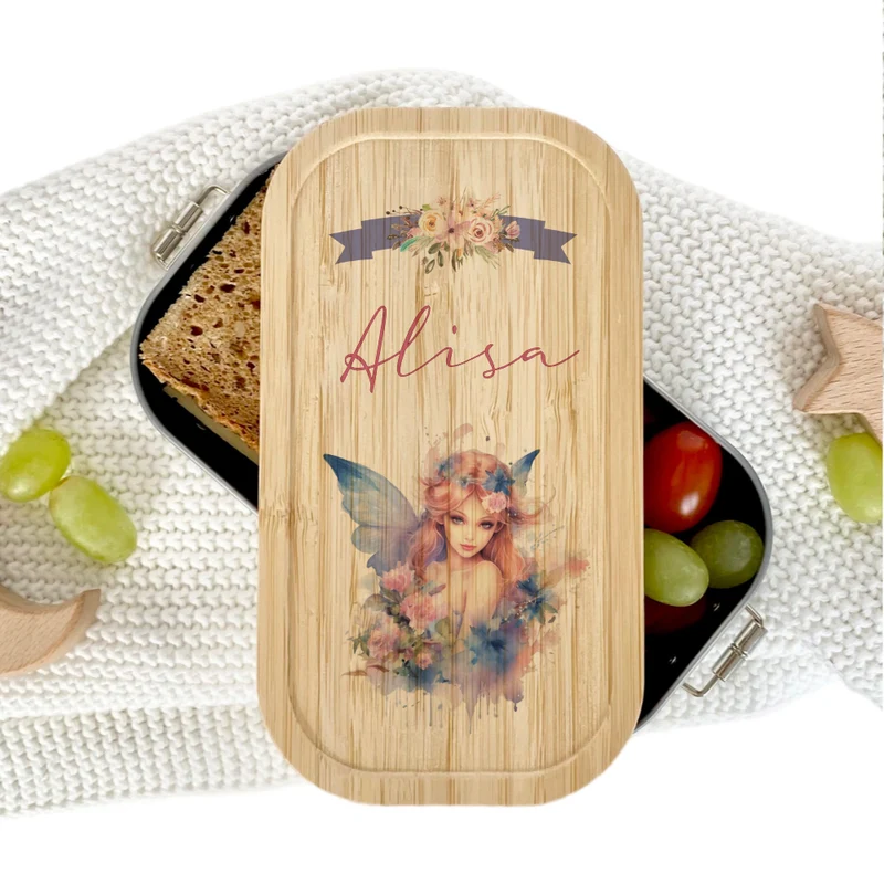 Brotbox "Fee" wählbar in Edelstahl mit Bambusdeckel und Namen für Mädchen | Lunchbox Elfe | Personalisiertes Geschenk für Kinder