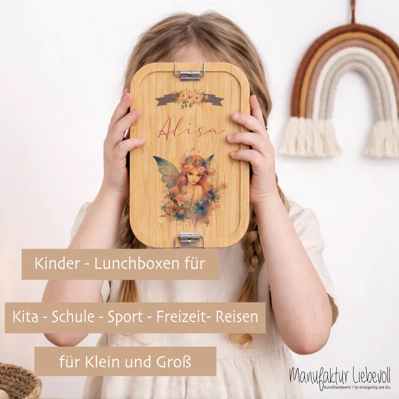 Brotbox "Fee" wählbar in Edelstahl mit Bambusdeckel und Namen für Mädchen | Lunchbox Elfe | Personalisiertes Geschenk für Kinder