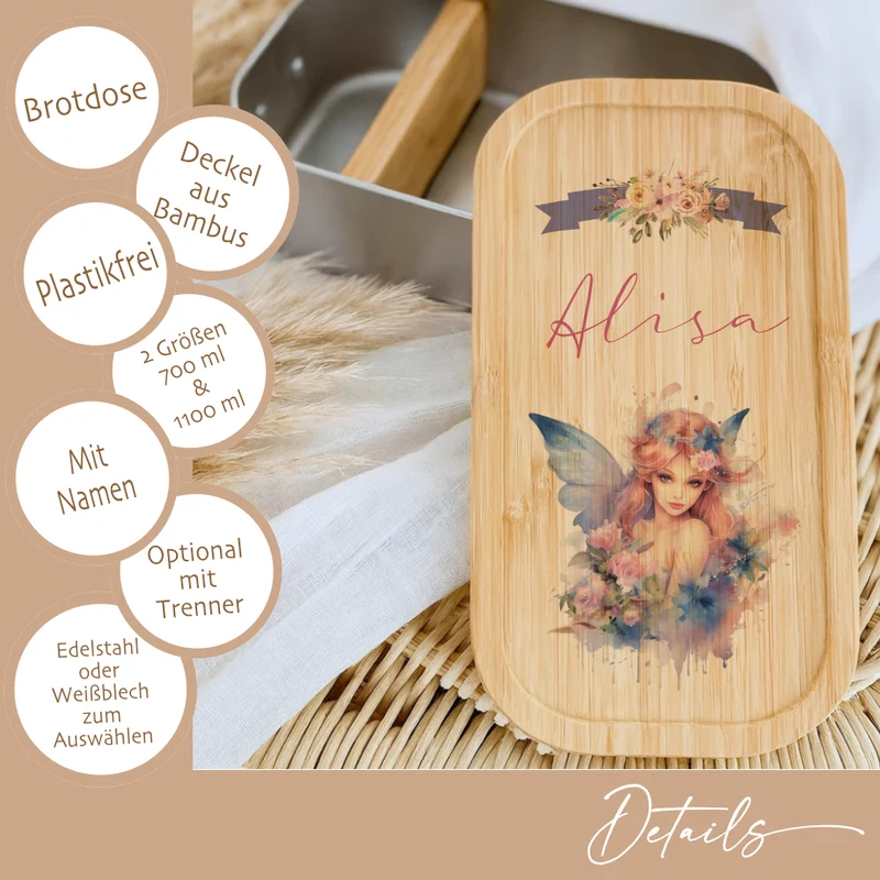 Brotbox "Fee" wählbar in Edelstahl mit Bambusdeckel und Namen für Mädchen | Lunchbox Elfe | Personalisiertes Geschenk für Kinder