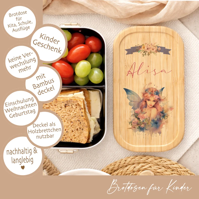 Brotbox "Fee" wählbar in Edelstahl mit Bambusdeckel und Namen für Mädchen | Lunchbox Elfe | Personalisiertes Geschenk für Kinder