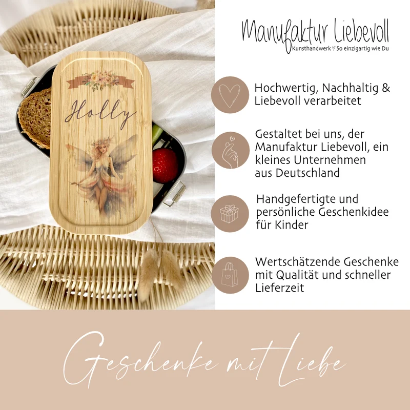 Brotbox "Elfe" wählbar in Edelstahl mit Bambusdeckel und Namen für Mädchen | Lunchbox Fee | Personalisiertes Geschenk für Kinder