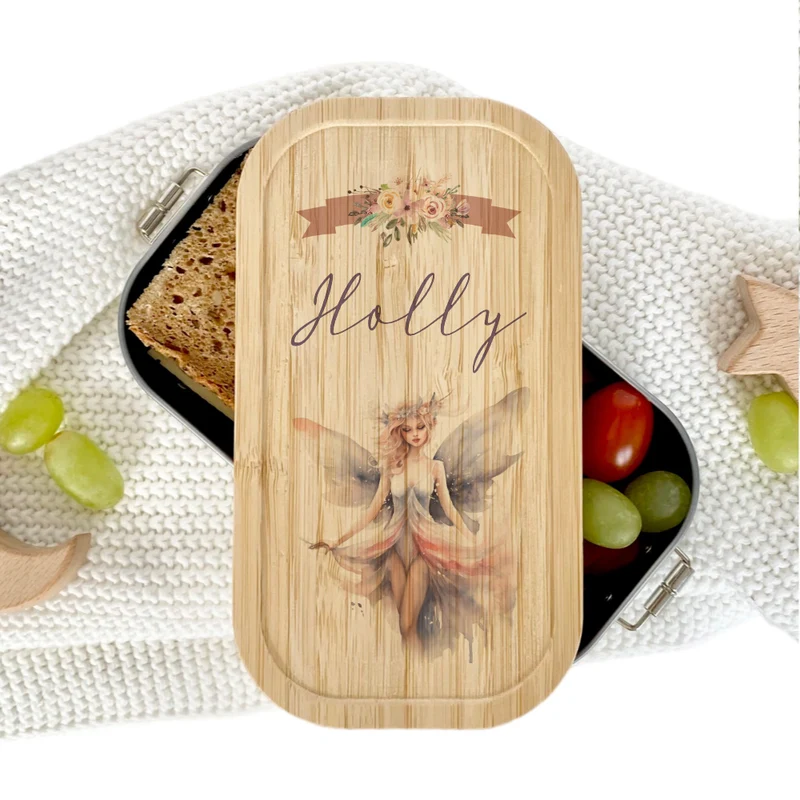 Brotbox "Elfe" wählbar in Edelstahl mit Bambusdeckel und Namen für Mädchen | Lunchbox Fee | Personalisiertes Geschenk für Kinder