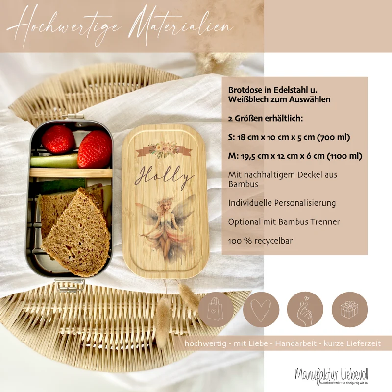 Brotdose "Elfe" wählbar in Edelstahl mit Bambusdeckel und Namen für Mädchen | Brotbox Fee | Personalisiertes Geschenk für Kinder