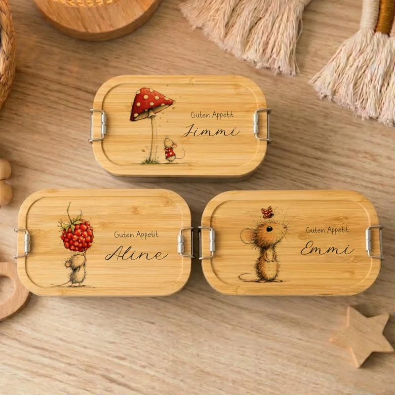 Personalisierte Kinder Brotdose mit Bambusdeckel – Süße Maus Motive im Boho-Stil – Edelstahl & Weißblech