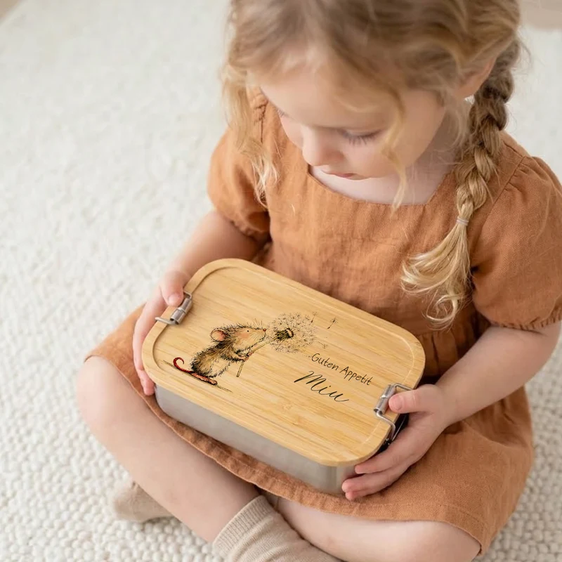 Personalisierte Kinder Brotdose mit Bambusdeckel – Süße Maus Motive im Boho-Stil – Edelstahl & Weißblech