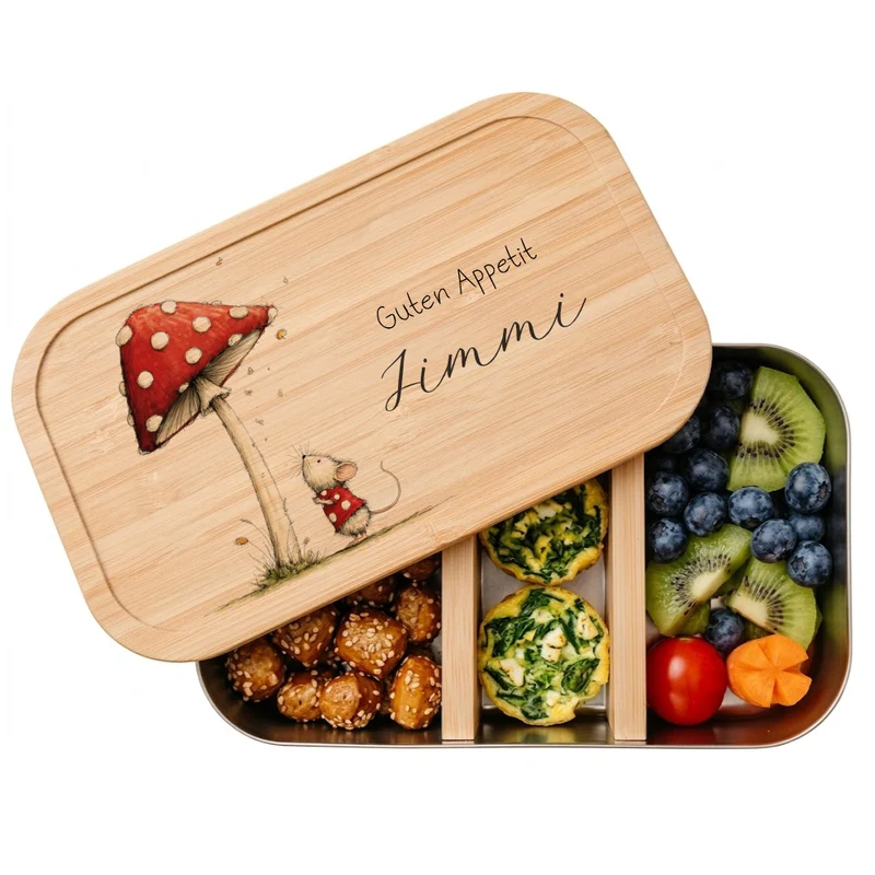 Personalisierte Kinder Brotdose mit Bambusdeckel – Süße Maus Motive im Boho-Stil – Edelstahl & Weißblech