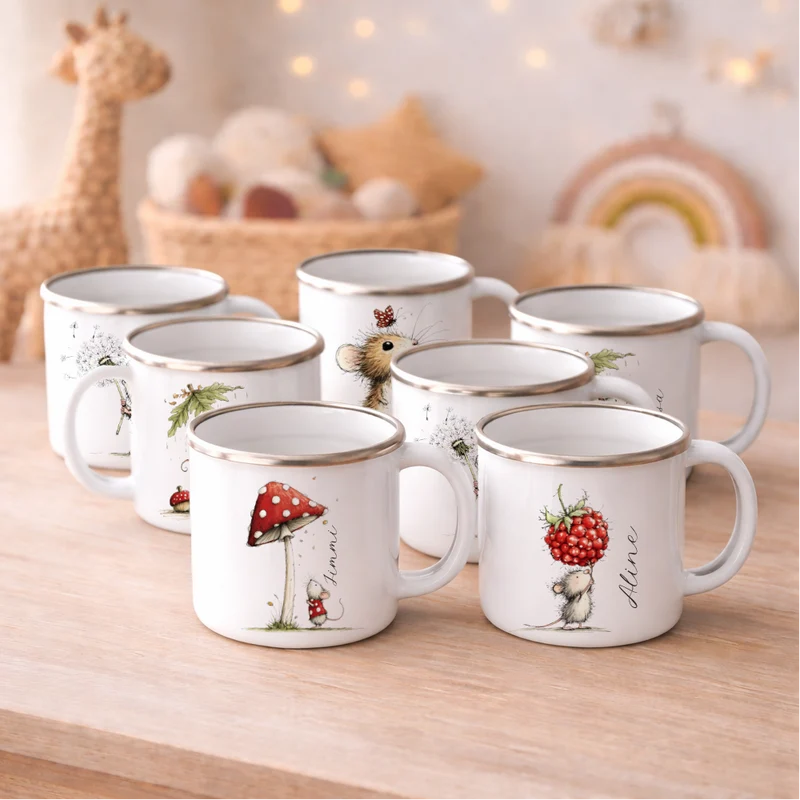 Personalisierte Emaille Tasse für Kinder mit Namen – Süße Maus Motive im Boho-Stil