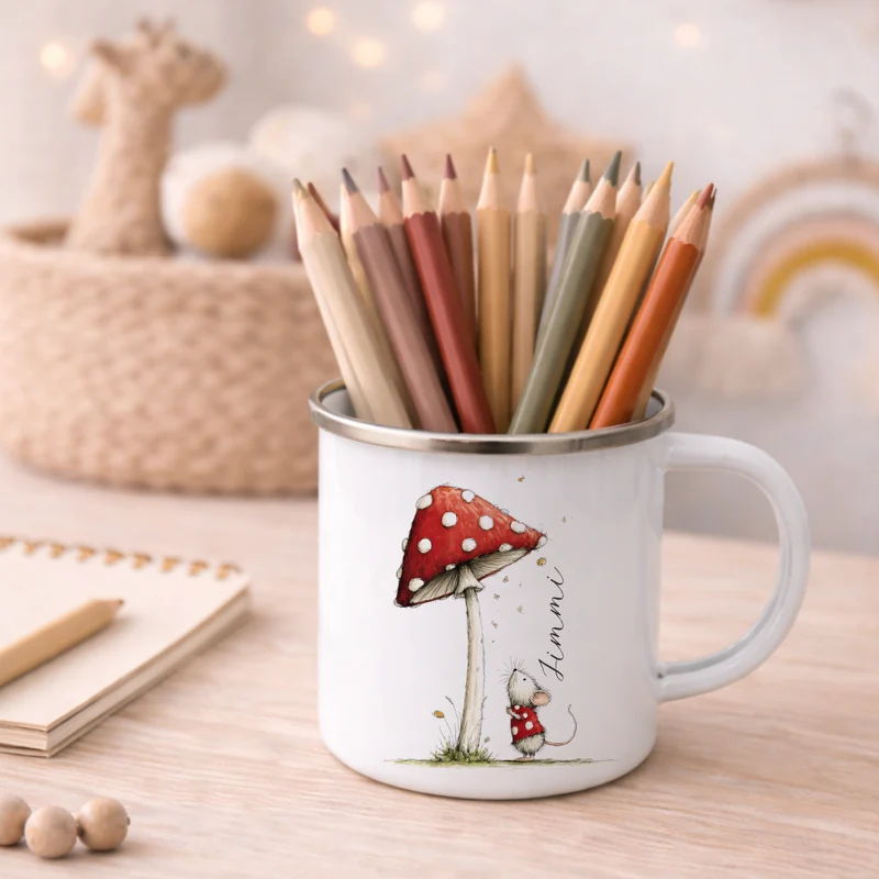 Personalisierte Emaille Tasse für Kinder mit Namen – Süße Maus Motive im Boho-Stil
