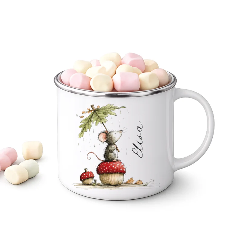 Personalisierte Emaille Tasse für Kinder mit Namen – Süße Maus Motive im Boho-Stil