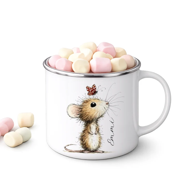 Personalisierte Emaille Tasse für Kinder mit Namen – Süße Maus Motive im Boho-Stil