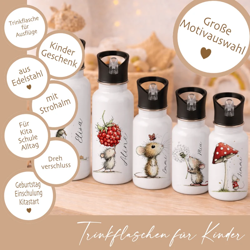 Personalisierte Edelstahl-Trinkflasche mit Strohhalm – Süße Maus-Motive & Wunschname – 400ml / 500ml / 600ml