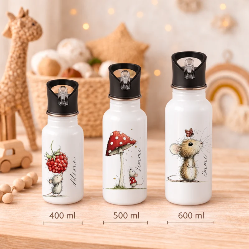 Personalisierte Edelstahl-Trinkflasche mit Strohhalm – Süße Maus-Motive & Wunschname – 400ml / 500ml / 600ml