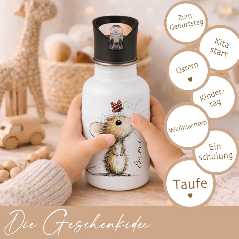 Personalisierte Edelstahl-Trinkflasche mit Strohhalm – Süße Maus-Motive & Wunschname – 400ml / 500ml / 600ml
