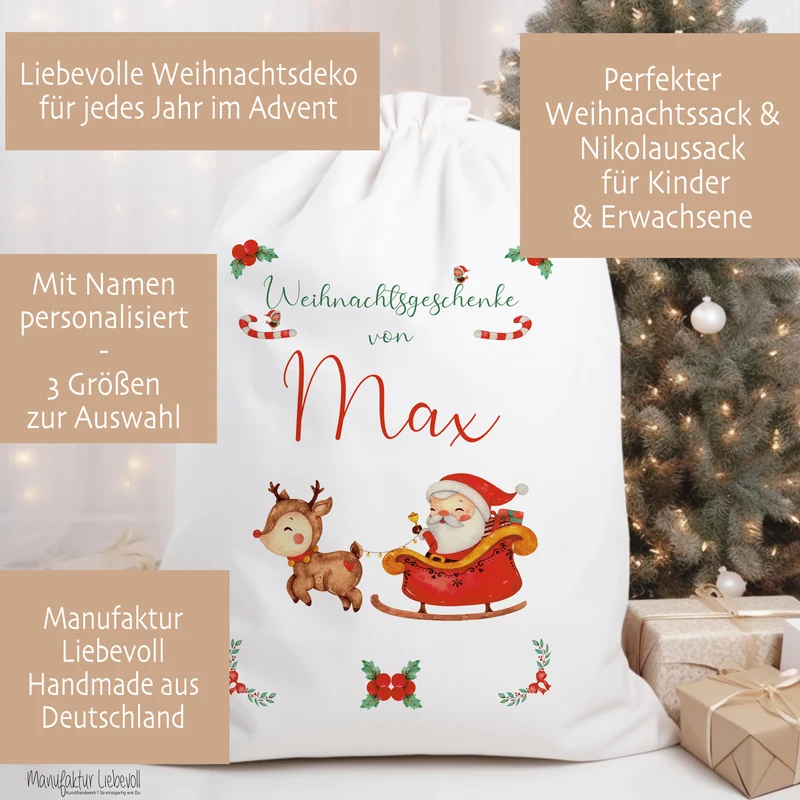 Geschenksack Namen Nikolaussack "Weihnachtsmann Schlitten" Kinder Erwachsene Weihnachtsmannsack