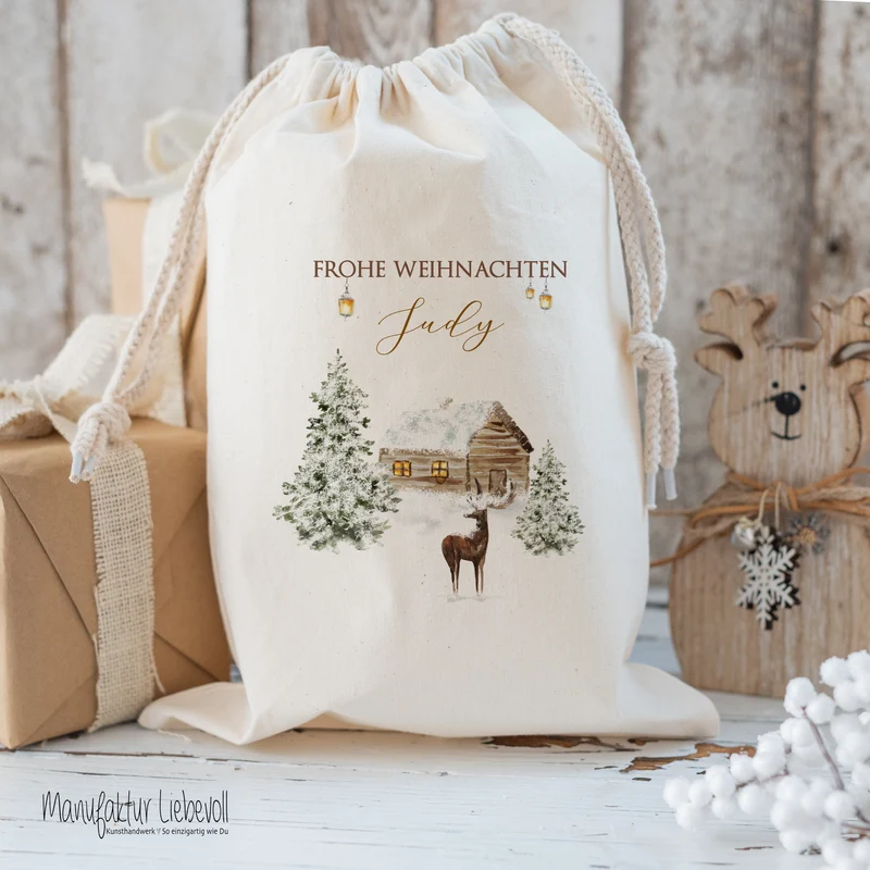 Geschenksack Namen Nikolaussack "Winterlandschaft" Kinder Erwachsene Weihnachtsmannsack