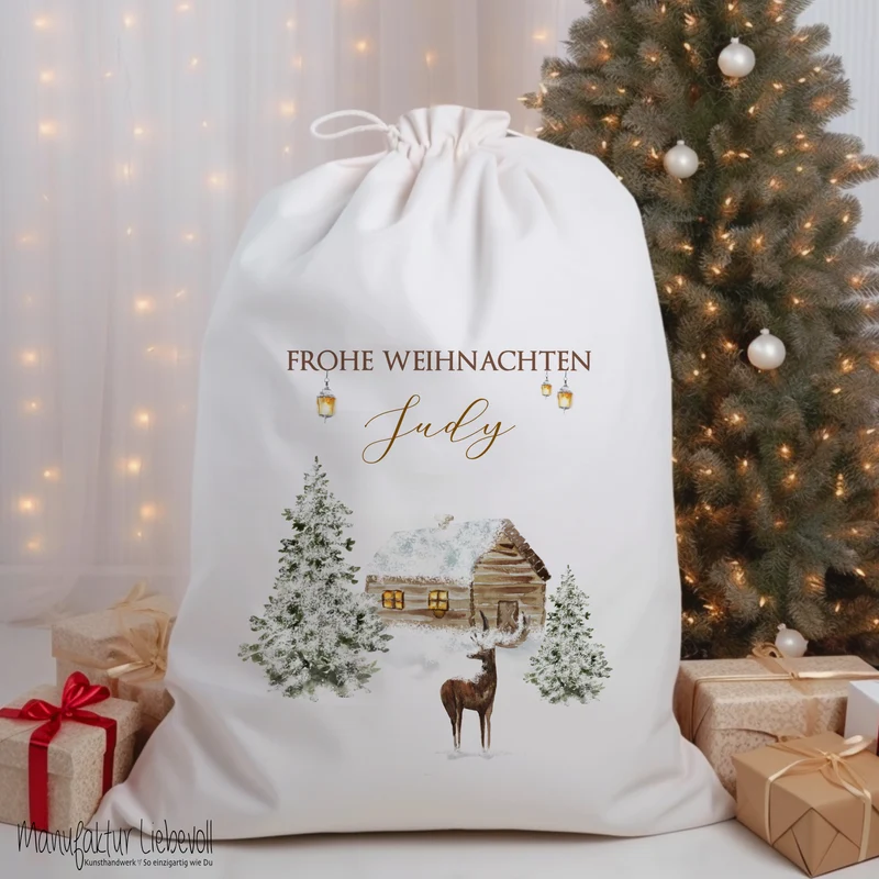 Geschenksack Namen Nikolaussack "Winterlandschaft" Kinder Erwachsene Weihnachtsmannsack