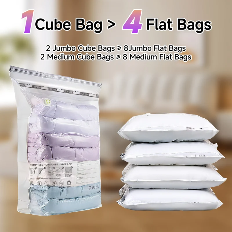 Elegear Cube Vacuum Storage Bag-4 Pack (2 Jumbo + 2 Medium) Extra Large Space Saver Bags, Large Capacity Clothing Storage Bags for Clothes Pillows Comforters Quilts Blankets